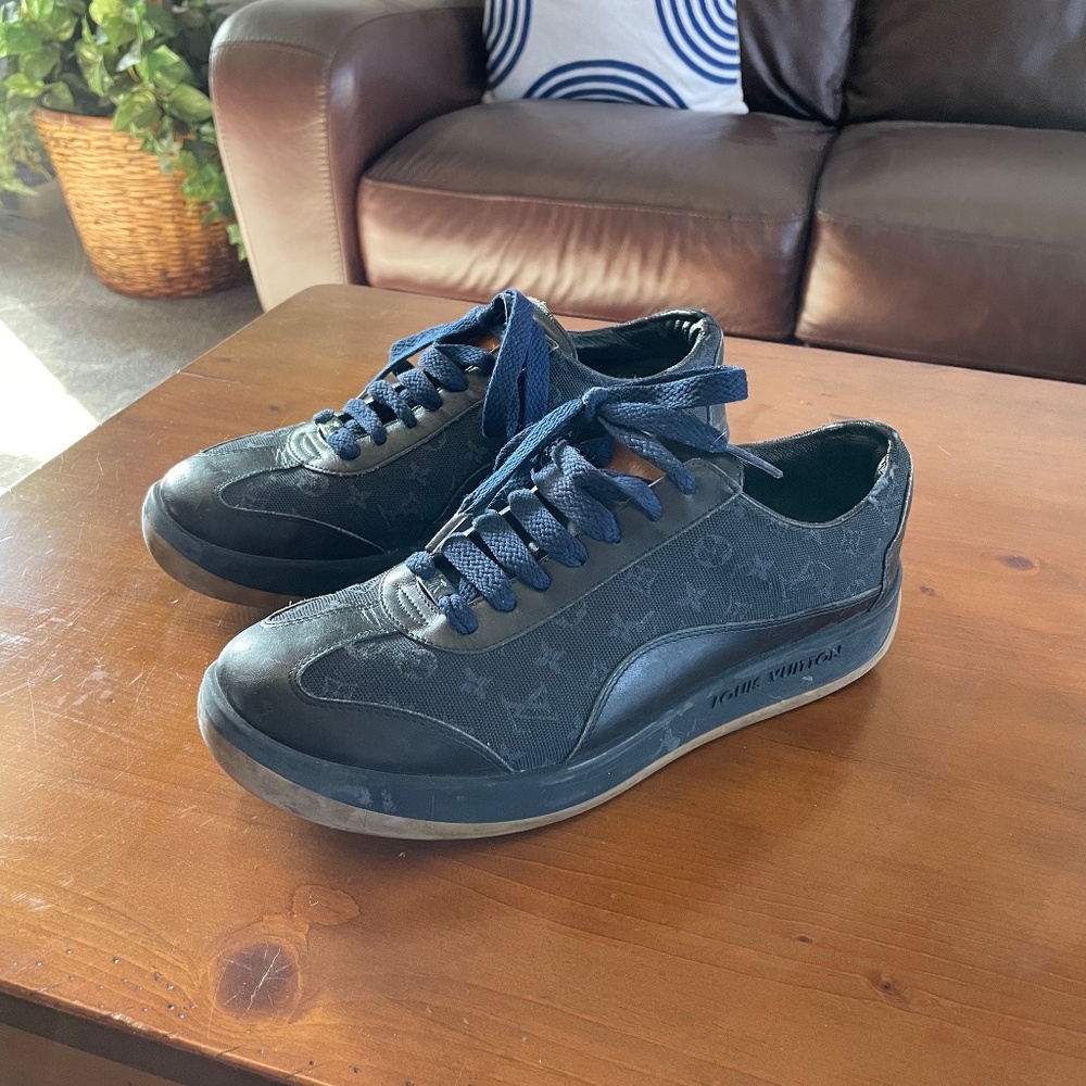 Navy Blue Leather and Monogram Canvas Low Top Sneakers